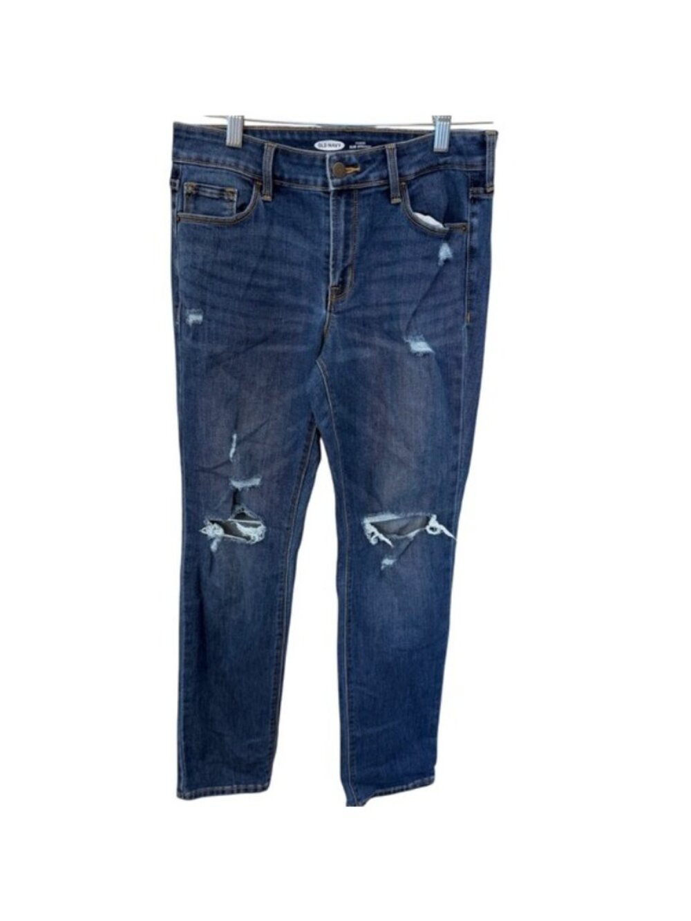 Old Navy Women’s Jeans Power Slim Straight Distressed Size 4 Mid Rise Dark Wash